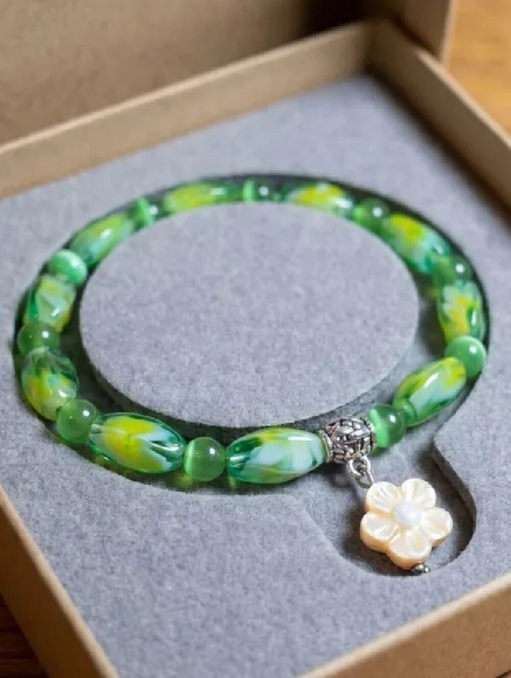 NWT Artsy Artisan Blown Glass Beads with Ceramic Flower Stretch Bracelet